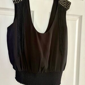 Bebe Black Sleeveless Top with Studded Shoulders and fringe